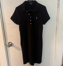Ralph Lauren Sport Black Solid Collared Shirt Dress Knee-Length Cotton L