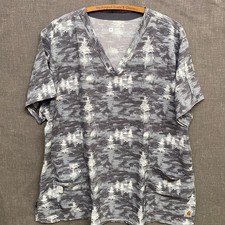 Carhartt Camo Tree Print Scrub Top Womens 2XL Gray Short Sleeve V-Neck