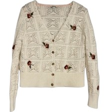 Sundance Cream Crochet Knit Cardigan Sweater Floral Embroidered Womens PL