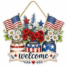 Patriotic Welcome Wooden Sign   4th of July Floral Porch Decor