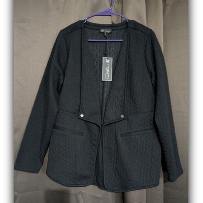 DG2 Diane Gilman Blazer Jacket Womens L Black Cable Knit Stretch NWOT