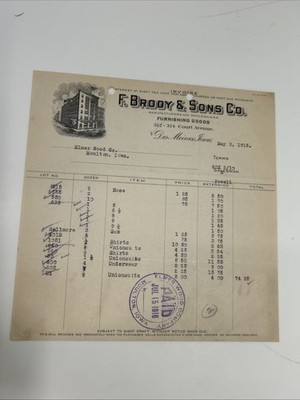 Antique Billhead F Brody & Sons 1916 Des Moines Iowa