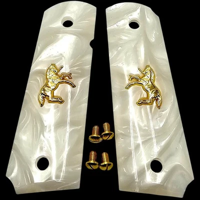 Altamont 1911 Grips Full Size White Pearl, Gold Colt Horse Emblem & Screws