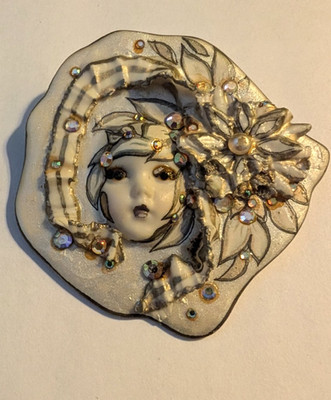 Vintage Adagio Lady Face Brooch Porcelain Hand Painted Swarovski Crystals Signed