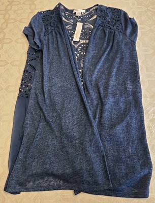 August Silk Women Duster Cardigan L Blue Lace Crochet Open Front Lightweight