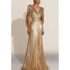 Gold V-Neck Prom Dress Shawl A-Line Glitter Floor-Length, Party Dress, Pleated
