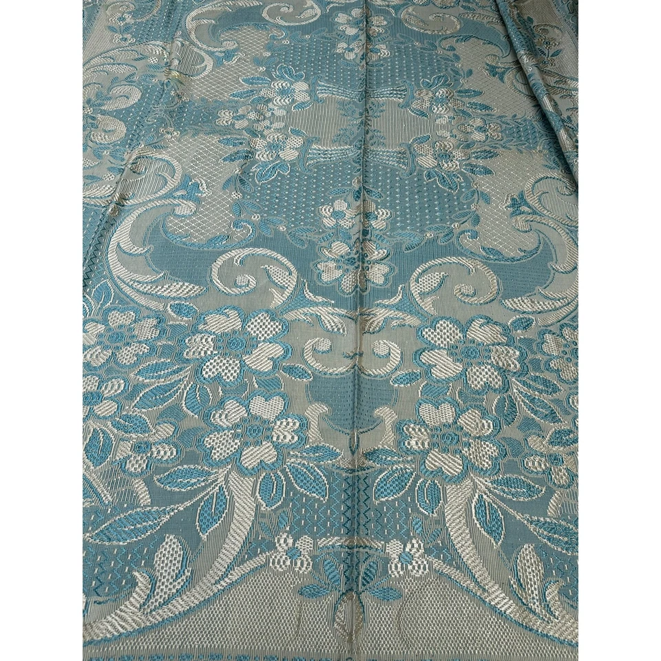 Vintage Bedspread fringed blue silver jacquard floral retro bed cover coverlet  - Image 2 of 4