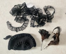 Antique Crocheted Purse: Millinery Feathers; 3 Yards Antique Black Lace