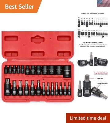 25 Piece Torx Bit and Socket Set, 13 Star Bits T8- T60 & 12 E-Torx Sockets E4...