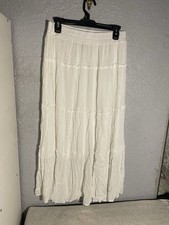 White Gauze Cotton Elastic Waist Fray Edge Summer Hippie Skirt L boho whimsy