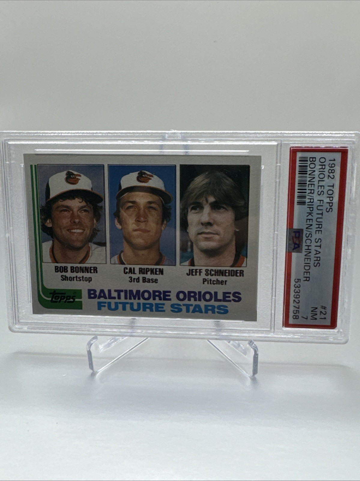 1982 TOPPS BONNER/RIPKEN/SCHNEIDER #21 ORIOLES FUTURE STARS ROOKIE RC PSA 7