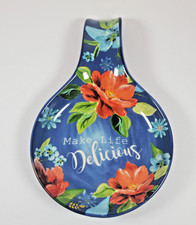 Pioneer Woman Spoon Rest "Make Life Delicious" Cobalt Blue Floral Wide Platform