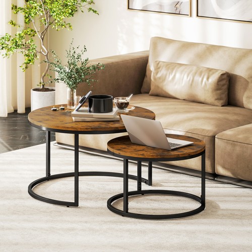 HOMCOM 2 Pcs Stacking Coffee Table Set with Steel Frame, Rustic Brown - Picture 2 of 11