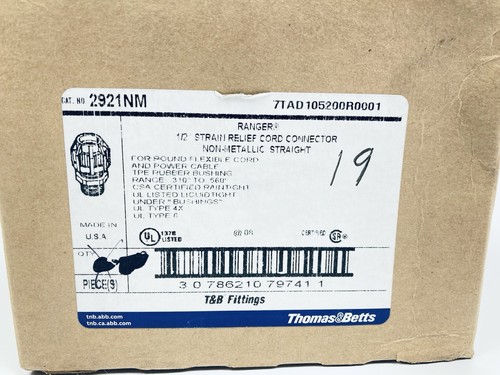 Box of 19 THOMAS & BETTS 2921NM Non-Metalic 1/2" Cord Connector .310"-.560" - Picture 7 of 8