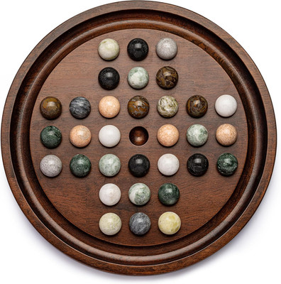 Deluxe Solitaire Game Set: 12.6'' Solid Wooden Board, 32 Natural Marble Balls,