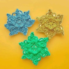 3 Crochet Flowers, Stars, Snowflakes Appliques Gold Green Blue Ornament Handmade