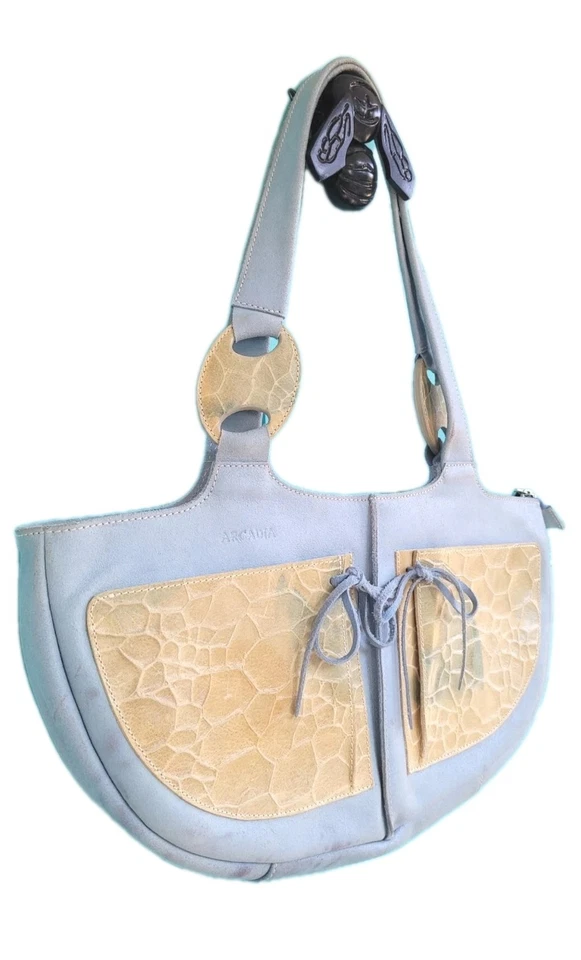 Arcadia Blue And Creme Suede Made In Italy Leather Boho  Bag - Image 2 of 4