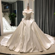 Off The Shoulder Pleated Wedding Dress Vintage Lace Up Back Satin Bridal Gowns