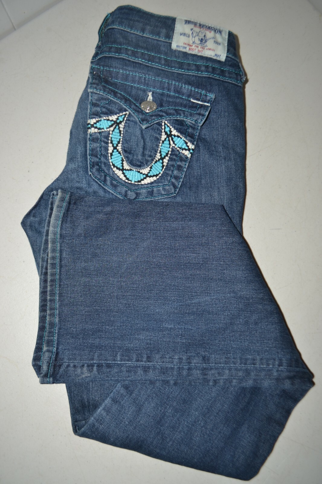 True Religion Women's Boot Cut Embroidered Blue U Blue Denim Jeans Sz 30x33