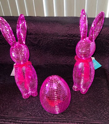 Easter Mirrored Fuchsia Pink Disco Bunnies & Egg Tabletop Decor 3 pc set - New