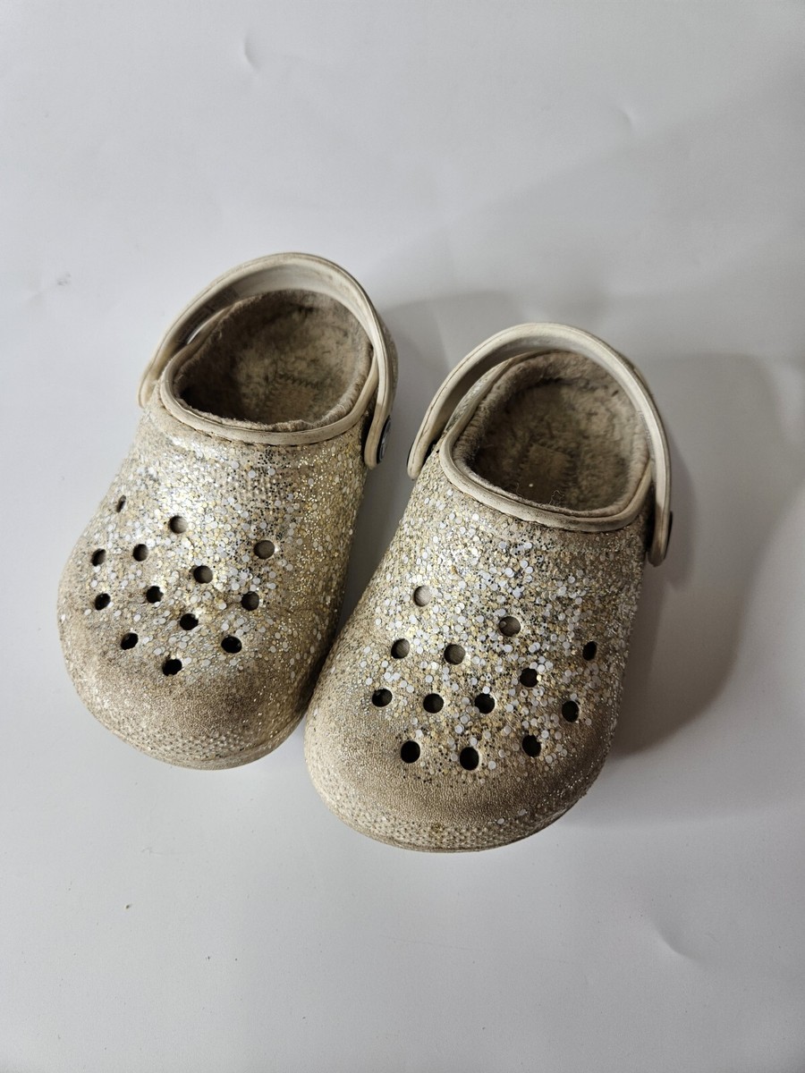 Crocs Glitter Gold Sherpa Lined Clogs Cozy Winter Toddler  display picture 2
