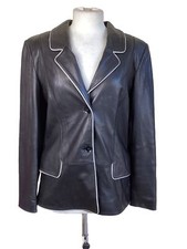 Elegance Paris Leather Blazer Jacket Black White Trim Shoulder Pads Size 10 Vtg
