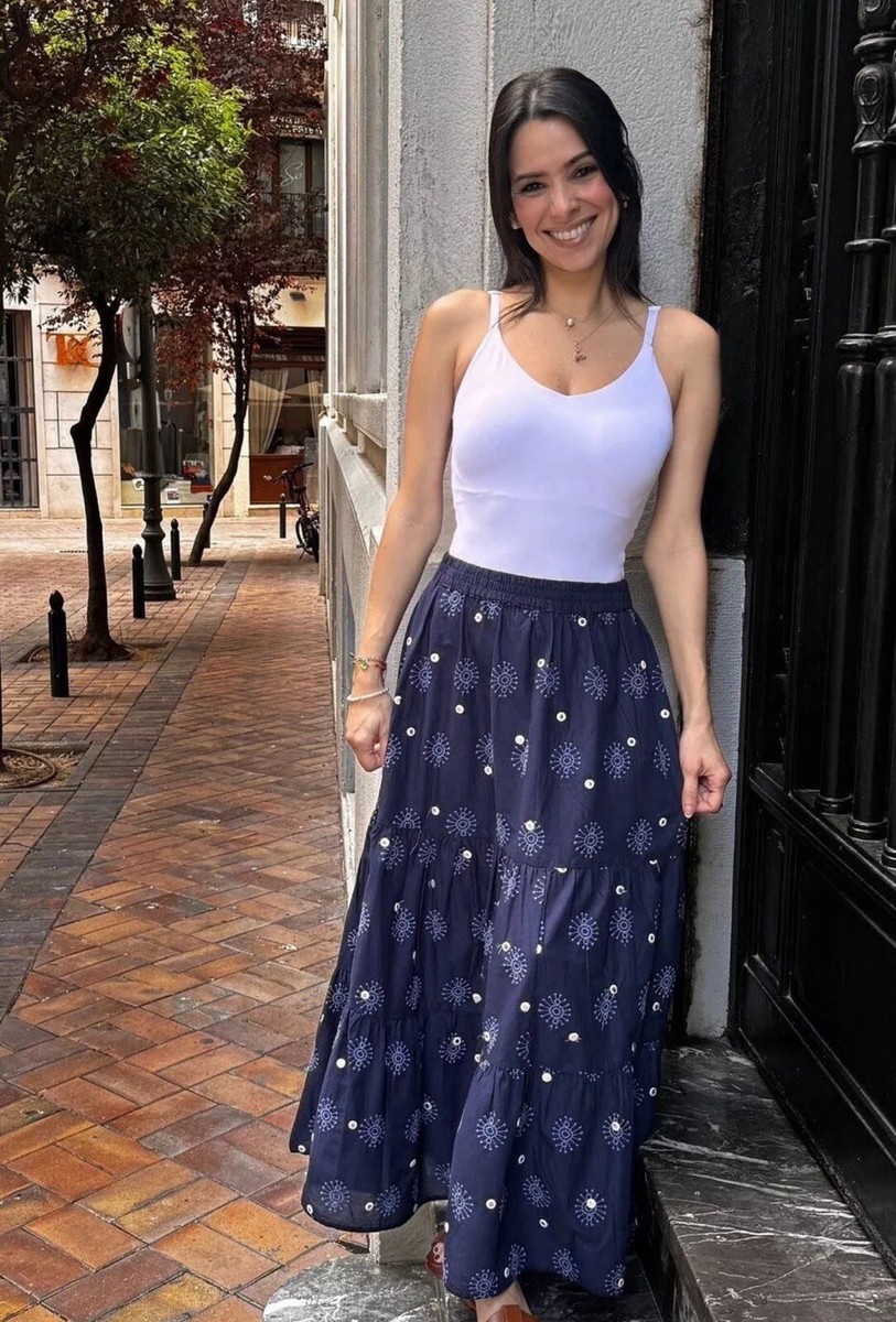 ZARA WOMAN XS COTTON BLUE LONG EMBROIDERED MIRROR SKIRT