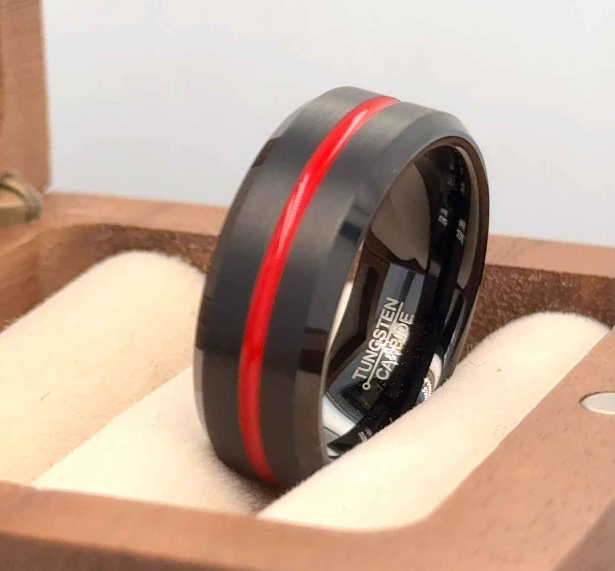 Brush Wedding Band Firefighter Thin Red Line Engagement Ring 8mm Black Tungsten-image