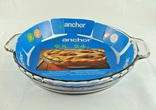 NEW Anchor Hocking Fluted Deep Pie Dish Plate With Handles 9.5" Clear Glass USA