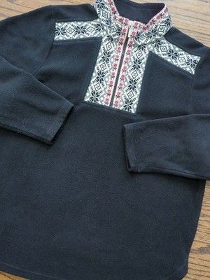 LL Bean Black Fleece 1/4 Zip Pullover Nordic Floral Snowflake Trim Cabincore M