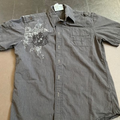 Roar Shirt Mens M Black Embroidered Cross Cotton Button Y2K Black and Gray