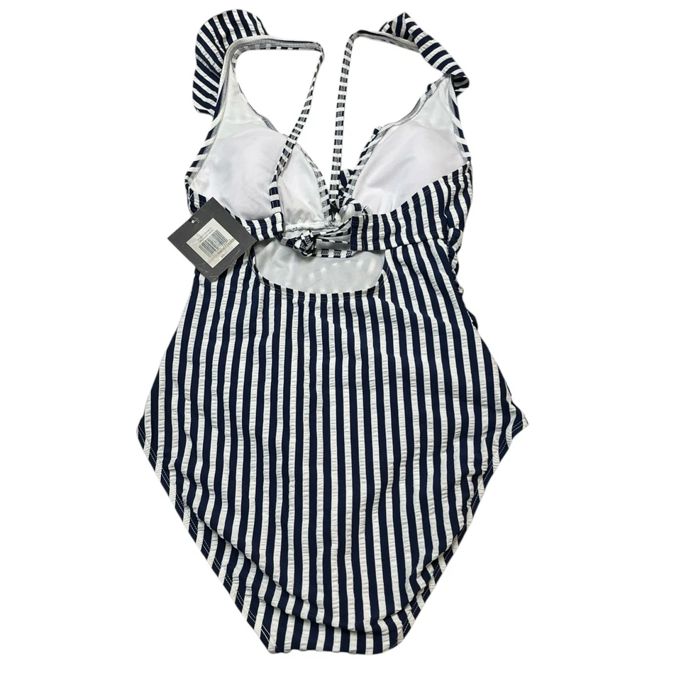 Traje de baño Ellen Tracy para mujer 12 azul marino a rayas con volantes parte superior acanalado de una pieza náutico Foto 3 de 4