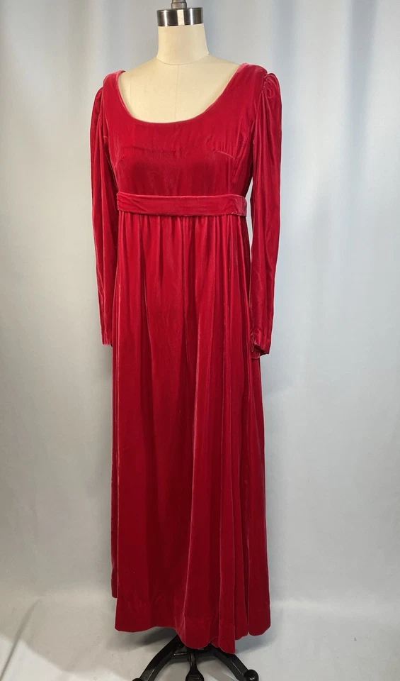 Vestido Estilo Bridgerton De Colección TALLA PEQUEÑA Rojo Terciopelo Cintura Imperio Hecho a Mano Años 60 70 Foto 3 de 4