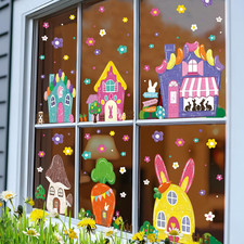 6 Sheets Easter Window Cling Decorations, 81 PCS Cute Cartoon House Bunny Flower