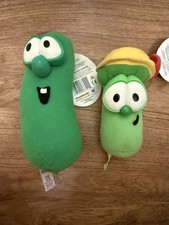 Vintage 1990 s Veggie Tales Larry Cucumber Jr Asparagus Plush Lot Of 2