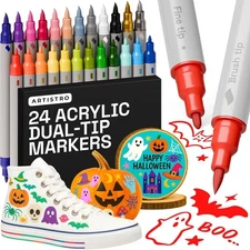 24 Dual Tip Brush + Fine Acrylic Paint Markers - Easy for All Ages & Levels Pain