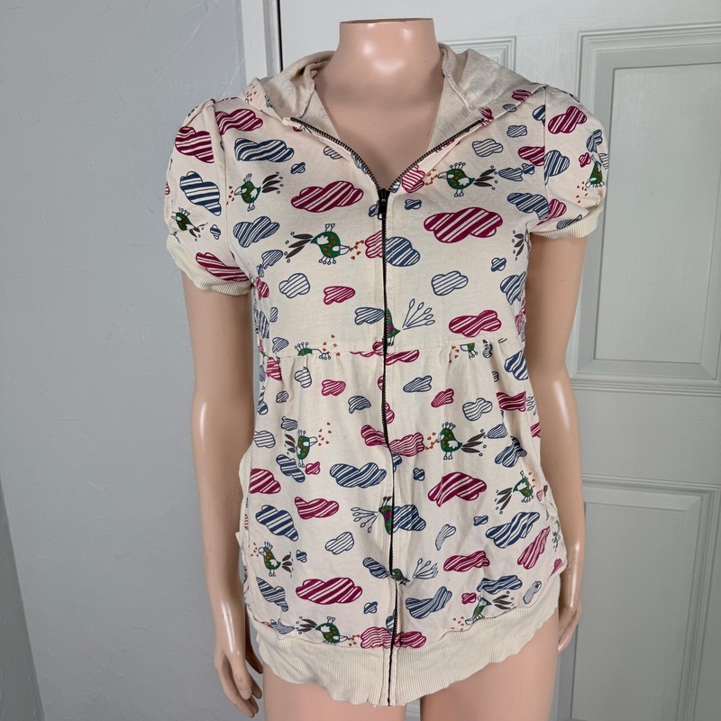Vintage y2K One Clothing Women's Top Shirt Baby Tee Cloud Bird hooded zip QQ9