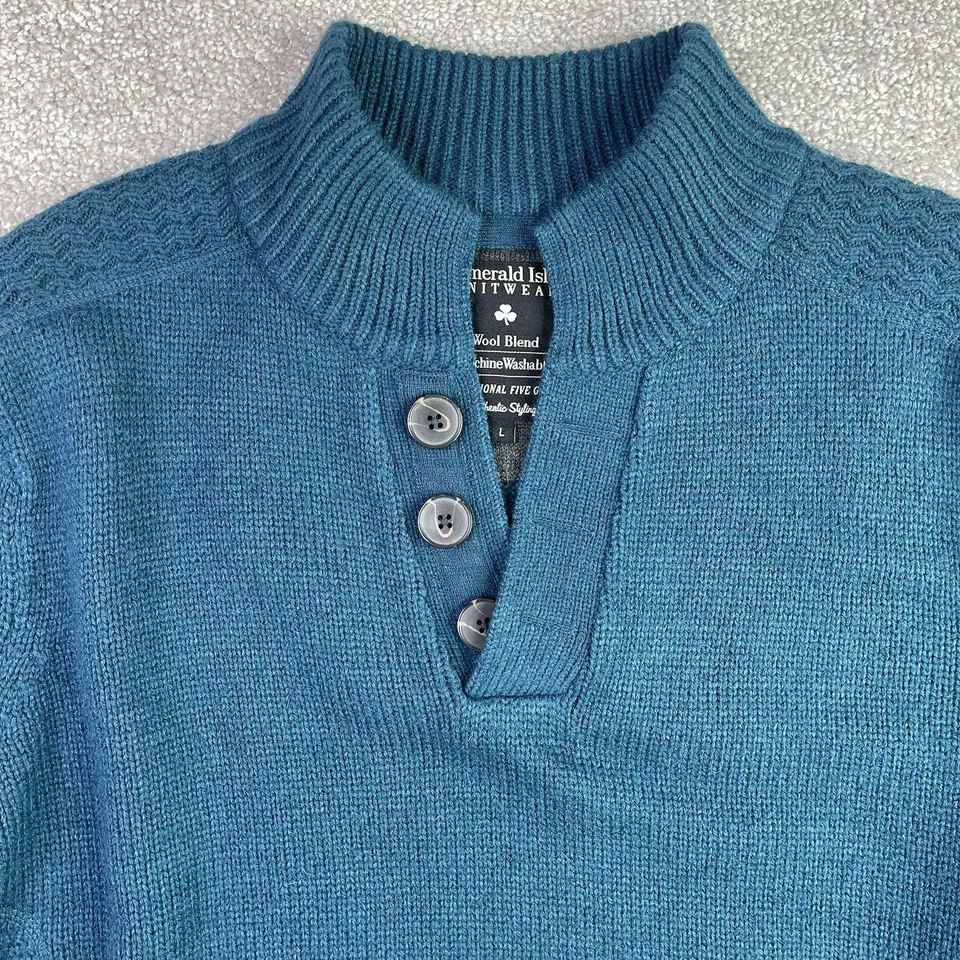 Suéter de punto Emerald Isle mezcla de lana Galway para hombre L botón verde azulado cuello falso  Foto 3 de 4