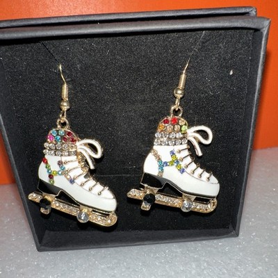 Gold  toned Hook Thru Earrings With Enamelled Ice Skates- Winter Christmas
