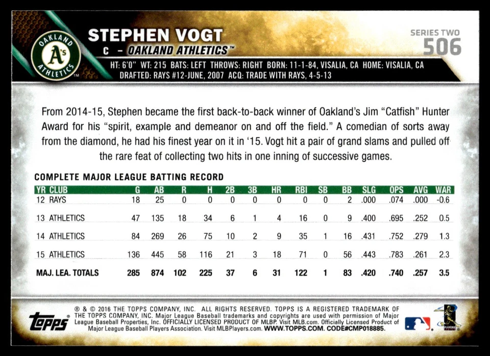 2016 Topps Rainbow Foil #506 Stephen Vogt - Image 2 of 2
