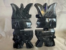 Vintage Black Obsidian Aztec Idol Bookends & Marble Desk Box Set 4pc MCM Office