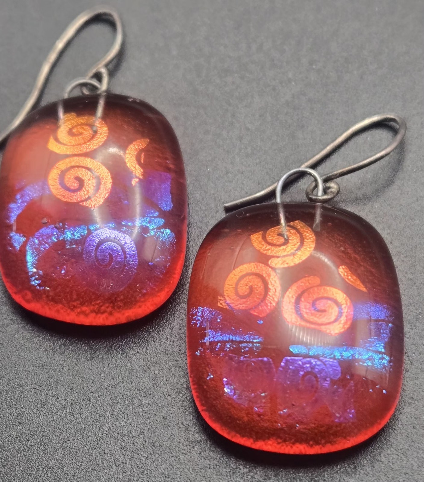 Handcrafted Glass Rectangle Dangle Earrings Red B… - image 1