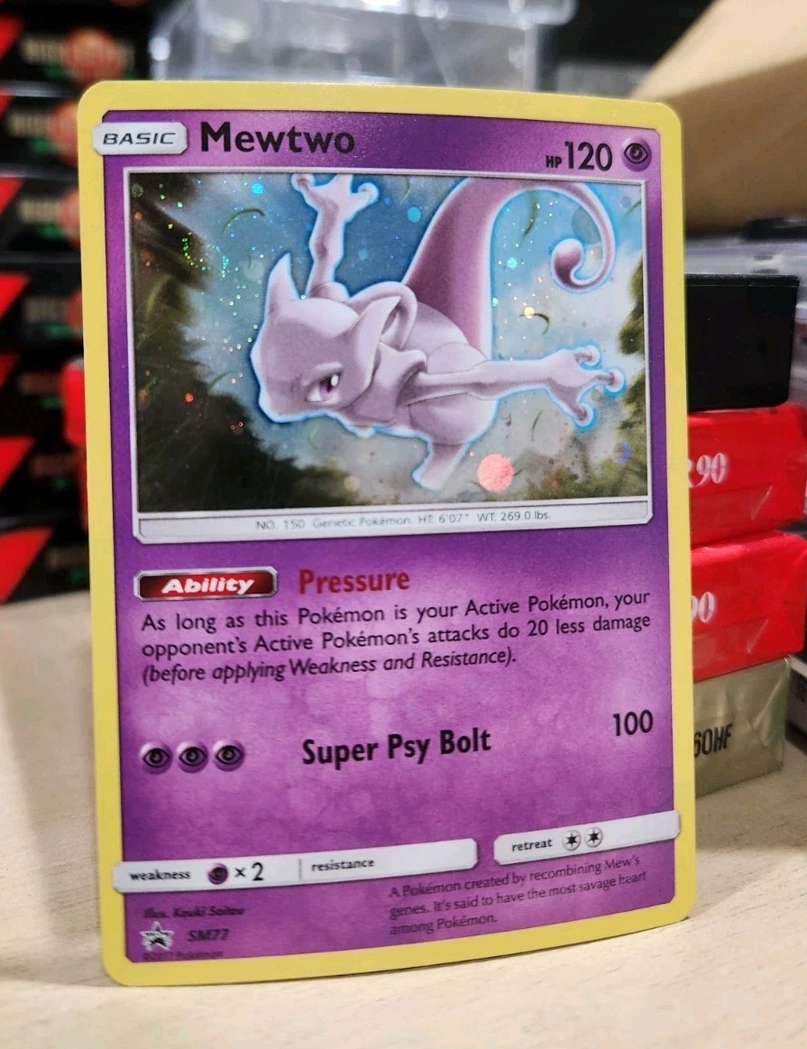 Pokemon Mewtwo Holo Sun Moon SM77 Black Star Promo Card TCG Swirl 🌀