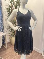 MEROKEETY Lace Midi Dress Sz M/8 Blue A Line Cross Cross Back Darted Pleat Swing