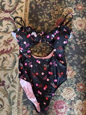 Juicy Couture Ruffle Cut Out Swimsuit One Piece Lined Cherry Logo Size L EUC