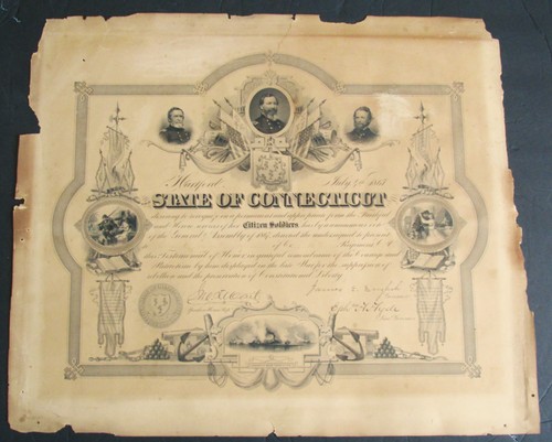ORIGINAL State of Connecticut 1867 Civil War Soldier Veteran Certificate