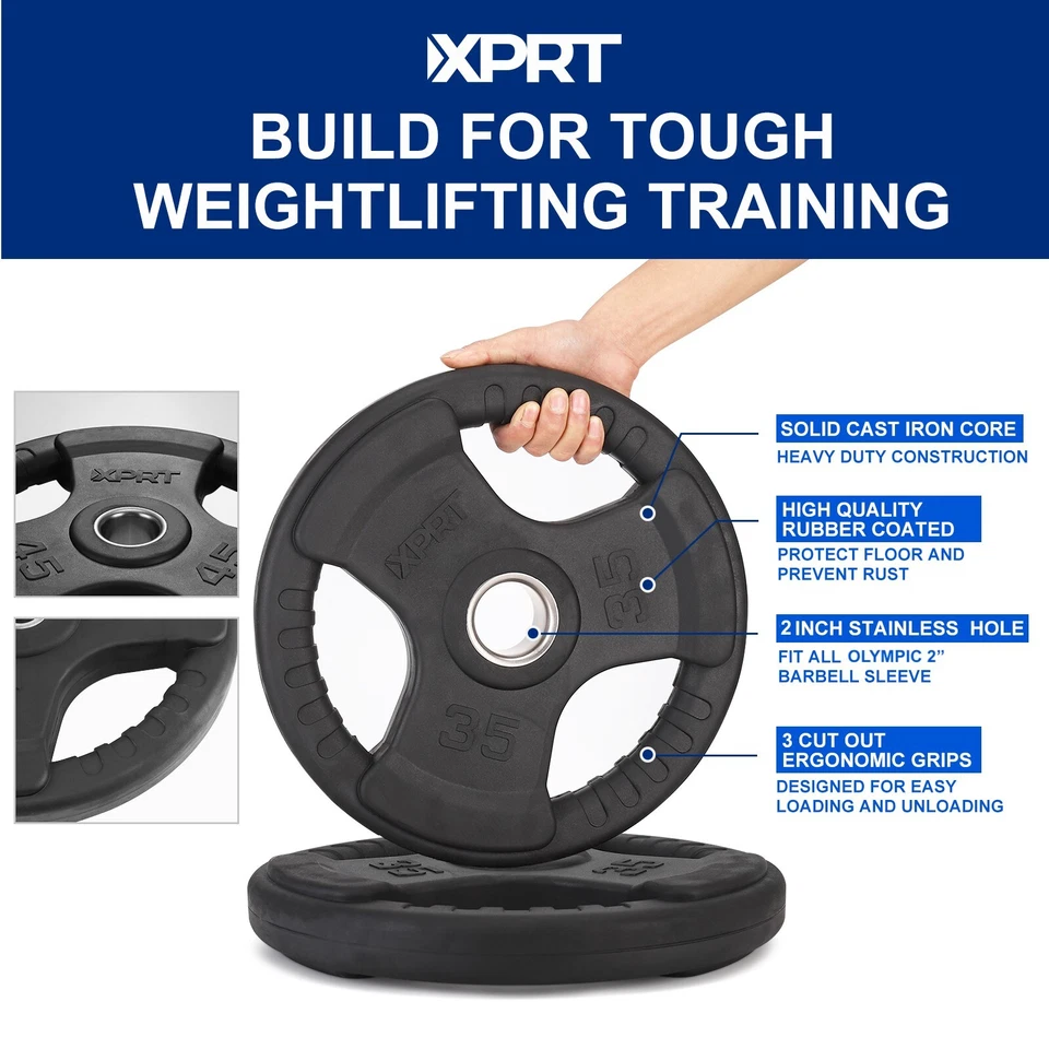 Placas de pesas olímpicas XPRT Fitness 2,5-45 lb recubiertas de goma triple agarre gimnasio en casa con Foto 3 de 4