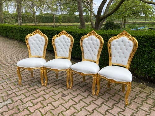 Chairs - Italian Baroque Hand-Carved Set of 4 with Gold Leaf & White Seats - Picture 5 of 24