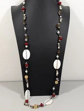 Beachy Coastal Red Glass Bead White Oval Shell Cord Long Necklace 40 inch
