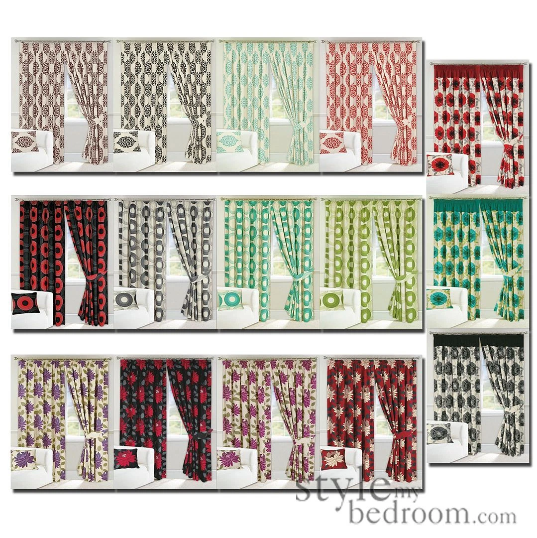 Pair Lined Eyelet Floral or Circle Retro Thick Cotton Curtains +Tie Backs
